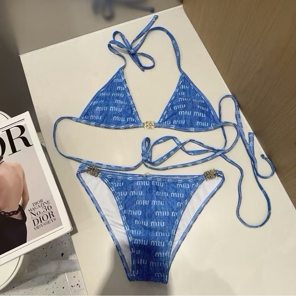 Miu Miu Blue Logo String Bikini with Gold Hardware